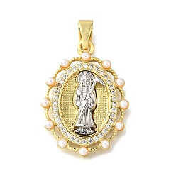 Oval Латунные микро проложить кубического циркония подвески, Санта Муэрте, с ABS имитации жемчуга, без кадмия и без свинца, долговечный, стойки покрытие, реальный 18 k позолоченный, овальные, 28x20.5x4 мм, отверстие : 6x3 мм