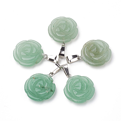 Зеленый Авантюрин Естественный зеленый авантюрин подвески, с защелкой из нержавеющей стали на поручнях, цветок, 23x20x6~7 мм, отверстие : 7x4 мм