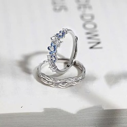 Серебро Кольца для колец из сплава эмали, с кристально горный хрусталь, цветок, кольца пара, синие, серебряные, 15~20 мм