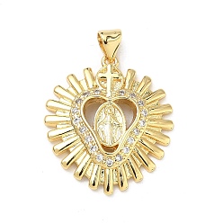 Настоящее золото 16K Латунные микропаве прозрачные подвески с фианитом, сердце с подвесками Девы Марии, реальный 16 k позолоченный, 26x22.5x3.5 мм, отверстие : 4.5x3.5 мм