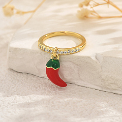 Hot Pepper Женские кольца-пальцы с фруктами и подвеской из латуни с микропаве из кубических цирконий, золотые, острый перец, 15x7 мм, внутренний диаметр: 16мм~19мм