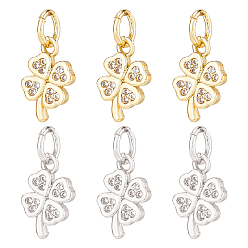 Платиновый & Золотой 12 шт. 2 цвета латунные подвески из фианита с микропаве, с целью перехода в кольце, клевер очарование, платиной и золотом, 11x6.5x1.5 мм, отверстие : 3 мм, 6 шт / цвет
