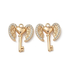 Настоящее золото 18K Подвески из латуни с микропаве из прозрачных кубических цирконий, долговечный, крыло с подвеской-ключом, реальный 18 k позолоченный, 16.5x14x3 мм, отверстие : 1.4 мм
