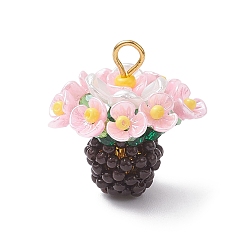 Розовый Подвески-цветы из стеклянных бусин из смолы, с золотыми железными петлями и пластиком, туманная роза, 24.5x22.5 мм, отверстие : 3.5 мм