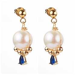 Blue Natural Pearl Dangle Stud Earrings, with Brass Cubic Zirconia Teardrop Charms and Ear Nuts, Round, Golden, Blue, 28mm, Pin: 0.8mm