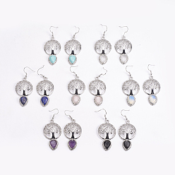 Смешанные камни Латунь болтаться серьги, натуральный и синтетический смешанный камень, граненые, полый плоский круглый с деревом жизни и слезой, платина, 66 мм, штифты : 0.6 мм