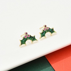 Зеленый Серьги-гвоздики из латуни с микропаве из кубических цирконий в форме листьев падуба, без кадмия и без свинца, стойки покрытие, с эмалевой золотой пудрой, реальный 18 k позолоченный, зелёные, 10x16.5 мм