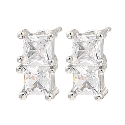 Platinum Brass Pave Clear Cubic Zirconia Rectangle Stud Earrings for Women, Platinum, 10x5.5mm