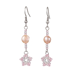Pink Серьги из натурального жемчуга, Длинные серьги-капли Toho со звездами и бисером, 304 булавками из нержавеющей стали, розовые, 54x12 мм