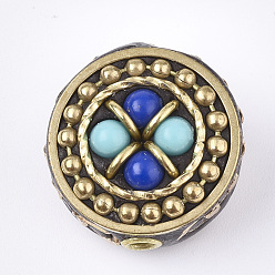 Blue Handmade Indonesia Beads, with Brass Findings, Flat Round, Golden, Blue, 20x18~19x10.5~12mm, Hole: 2mm