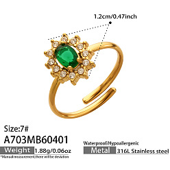 Real 18K Gold Plated 316L Stainless Steel Micro Pave Cubic Zirconia Cuff Open Rings for Women, Flower, with Glass, Real 18K Gold Plated, US Size 7(17.3mm)