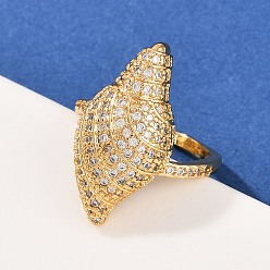 Настоящее золото 18K Манжеты из латуни с микро паве кубический цирконий для женщин, формы раковины, долговечный, стойки покрытие, реальный 18 k позолоченный, внутренний диаметр: регулируемый, 23.5 мм