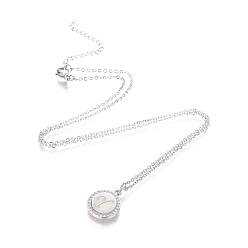 Letter Y Brass Initial Pendant Necklaces, with Shell, Cubic Zirconia and 304 Stainless Steel Cable Chains, Flat Round with Letter, Letter.Y, 17.5 inch(44.5cm), 1.5mm