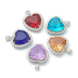 Gemischte Farbe Transparente facettierte Glasanhänger, mit Messing Micro Pave klare Zirkonia Befunde, Herz, Platin Farbe, Gemischte Farbe, 36.5x36x12 mm, Bohrung: 9x4.5 mm