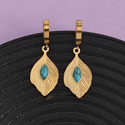 Настоящее золото 18K 304 серьги-кольца из нержавеющей стали в форме перьев, с синтетическими бирюзовый, ионное покрытие (ip), реальный 18 k позолоченный, 41.5x15 мм