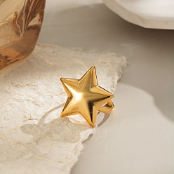 Настоящее золото 18K 304l регулируемые манжеты из нержавеющей стали с открытыми кольцами для женщин, звезда, реальный 18 k позолоченный, 22.2 мм, размер США 7 (17.3 мм)