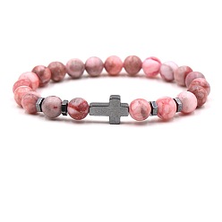 Kaiserlicher Jaspis 8mm runde, gefärbte, natürliche Imperial-Jaspis-Perlen-Stretcharmbänder mit synthetischem, nichtmagnetischem Hämatit-Kreuz, rosa, 7.48 Zoll (19 cm)