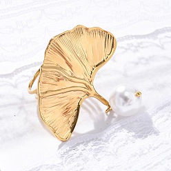 Лист 304 перстни из нержавеющей стали, с пластиковой имитацией жемчуга, реальный 18 k позолоченный, гинкго лист, лист: 50x44.5 мм, внутренний диаметр: 17 мм