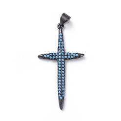 Черный Цвет Металла Латунные микро проложить кубического циркония подвески, крестик, бирюзовые, металлический черный , 38.8x20x2 мм, отверстие : 4x5 мм