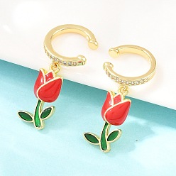Красный Серьги-манжеты из латуни с прозрачными кубическими циркониями ко Дню святого Валентина, с эмалью, цветок, без кадмия и без свинца, долговечный, стойки покрытие, реальный 18 k позолоченный, красные, 21.5x14 мм