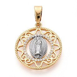 Real Gold Plated & Real Platinum Plated Латунные микропаве прозрачные подвески с фианитом, без кадмия и без свинца, плоская круглая и девы марии, настоящее золото и платина, 24.5x21.5x3 мм, отверстие : 8x4 мм