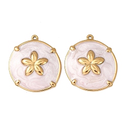 Розовый 304 подвески из нержавеющей стали, с эмалью, плоские круглые и цветочные подвески, реальный 18 k позолоченный, ионное покрытие (ip), туманная роза, 28x25x4 мм, отверстие : 1.4 мм