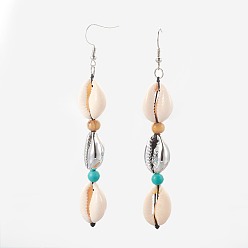 Platinum Cowrie Shell Dangle Earrings, with Synthetic Turquoise and Wood Beads, Brass Earring Hooks, Platinum, 88~96mm, Pin: 0.7mm