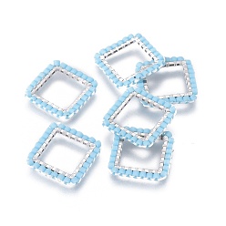 Light Sky Blue MIYUKI & TOHO Handmade Japanese Seed Beads, with 304 Stainless Steel Link Rings, Loom Pattern, Square, Silver, Light Sky Blue, 15x15x1.8~2mm