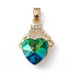 Light Sea Green Real 18K Gold Plated Rack Plating Brass Micro Pave Clear Cubic Zirconia Pendants, with Glass, Long-Lasting Plated, Cadmium Free & Lead Free, Heart Charm, Light Sea Green, 24x16x8mm, Hole: 5mm
