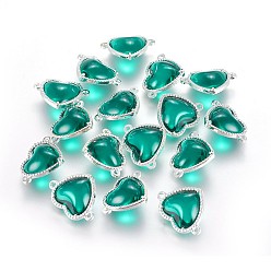 чирок Соединители стеклянные ссылки, с элементами из экологически чистого сплава, сердце, серебряный цвет гальваническим, зелено-синие, 14x18.5x7 мм, отверстие : 1.2 мм