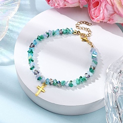 Зеленый Браслеты из сплава с подвесками в виде креста, гальванизированные стеклянные бусины эластичные браслеты для женщин, треугольные, граненые, зелёные, 7-5/8 дюйм (19.5 см)