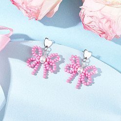 Pink Сердце с бантом, подвесные серьги-гвоздики из бисера ручной работы из стекла, с 304 серьгами из нержавеющей стали, цвет нержавеющей стали, розовые, 36.5x28.5 мм