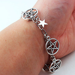 Античное Серебро Полые плоские круглые браслеты со звездой из сплава с подвесками для мужчин и женщин, античное серебро, 7-7/8 дюйм (20 см)