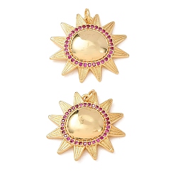 Medium Violet Red Brass Micro Pave Cubic Zirconia Pendants, Sun Charms, Rack Plating, Long-Lasting Plated, Lead Free & Cadmium Free, Real 18K Gold Plated, Medium Violet Red, 26x27x5mm, Hole: 3mm
