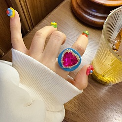 Темно-Розовый Кольца из смолы в форме сердца, хрустальных страз и стекла, темно-розовыми, внутренний диаметр: 18 мм