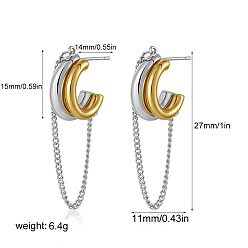 Golden & Stainless Steel Color 304 Stainless Steel Stud Earrings for Women, Half Hoop Earrings, Golden & Stainless Steel Color, 27x11mm