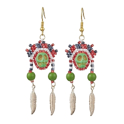 Зеленый лайм Железная болтающаяся серьга, со стеклом и синтетической бирюзой, череп, зеленый лайм, 75x22 мм