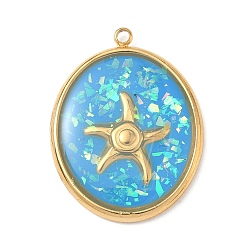 Темно-Голубой 304 подвески из нержавеющей стали, эпоксидной смолы, с натуральными ракушками и пайетками внутри, овал с подвесками в виде морских звезд, реальный 18 k позолоченный, вакуумное покрытие pvd, глубокое синее небо, 25.5x19.5x1.5 мм, отверстие : 1.4 мм