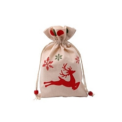 Deer Christmas Linen Gift Bags, Drawstring Candy Cookie Cloth Bags, Rectangle, Deer, 23x15cm