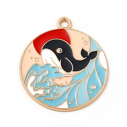 Whale Colgantes de la aleación del esmalte, plano y redondo, la luz de oro, patrón de ballena, 28x24x1 mm, agujero: 2 mm