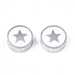 Edelstahl Farbe 304 Edelstahlkugeln, Laserschnitt, mit Emaille, weiß, flach rund mit Stern, Edelstahl Farbe, 9.5x3 mm, Bohrung: 2 mm