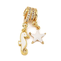 White Brass Micro Pave Clear Cubic Zirconia Pendents, with Enamel, Sea Horse with Starfish Charms, Rack Plating, Long-Lasting Plated, Cadmium Free & Lead Free, Real 18K Gold Plated, White, 29mm, Hole: 3mm