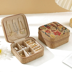 Цвет Древесины Пробковая шкатулка для драгоценностей, бархатом внутри, коробка для хранения ожерелья и сережек для путешествий, квадратные с цветком, деревесиные, 10x10x5 см