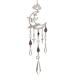 Couleur Platine & Acier Inoxydable Attrape-soleil chauve-souris lune d'Halloween en acier inoxydable, laiton et perles de verre, breloques coniques, décoration de fenêtre en forme de prisme attrape-lumière, platine et la couleur de l'acier inoxydable, 310mm, Trou: 8mm