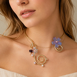 Doré  Collier ras-de-cou ajustable en alliage et résine, orné d'une fleur en spirale et de perles d'imitation., pourpre, or, 11.81~13.78 pouce (30~35 cm)