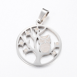 Edelstahl Farbe Anlaufgeschützt 304 Anhänger aus Edelstahl, , flache Runde mit Baum und Eule, Edelstahl Farbe, 29x25x1.2 mm, Bohrung: 4x8 mm