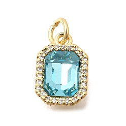 Небесно-голубой Латунь стекло кулоны, прямоугольный шарм, с кубическим цирконием и прыгающим кольцом, граненые, реальный 18 k позолоченный, голубой, 13.5x9x5 мм, отверстие : 3 мм