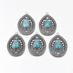 Античное Серебро Сплавочные подвески тибетского стиля, с синтетическими бирюзовый, без кадмия, без никеля и без свинца, слеза, античное серебро, 38x26x6 мм, отверстие : 2.5 мм