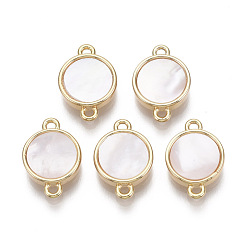 Морская Ракушка Латунные коннекторы, С пресноводной оболочкой, без никеля , плоско-круглые, реальный 18 k позолоченный, цвет морской раковины, 14x10x3 мм, отверстие : 1.2 мм