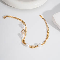 Настоящее золото 18K Элегантные 304 двухслойные цепочные браслеты на лодыжку из нержавеющей стали с искусственным жемчугом, белые, реальный 18 k позолоченный, 8-1/2 дюйм (215 мм)